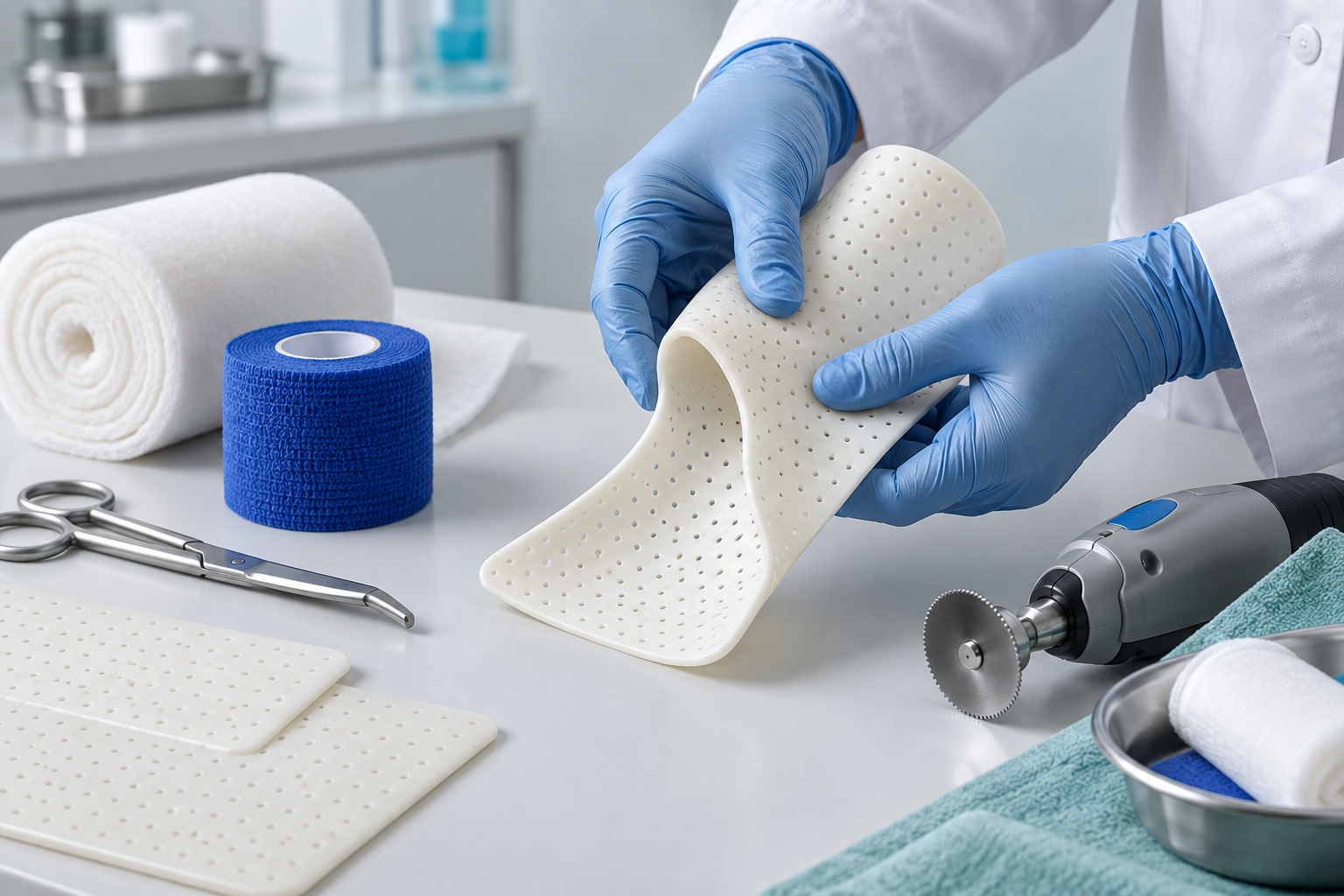Low-temperature thermoplastic splint material and casting accessories